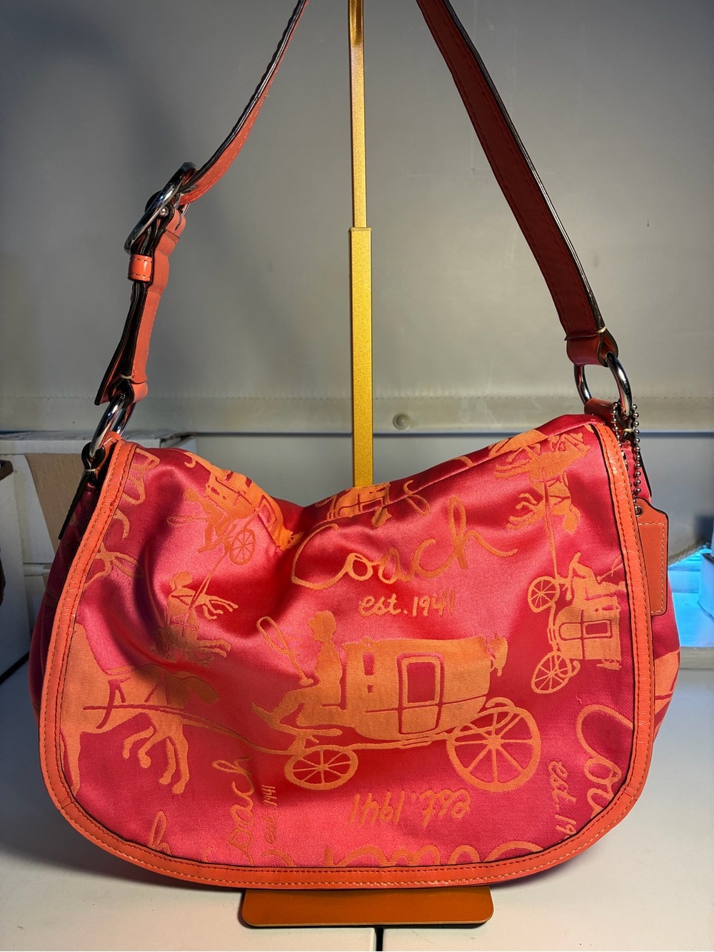 Coach Pink and Orange Signature Satin Hobo Shoulder Bag